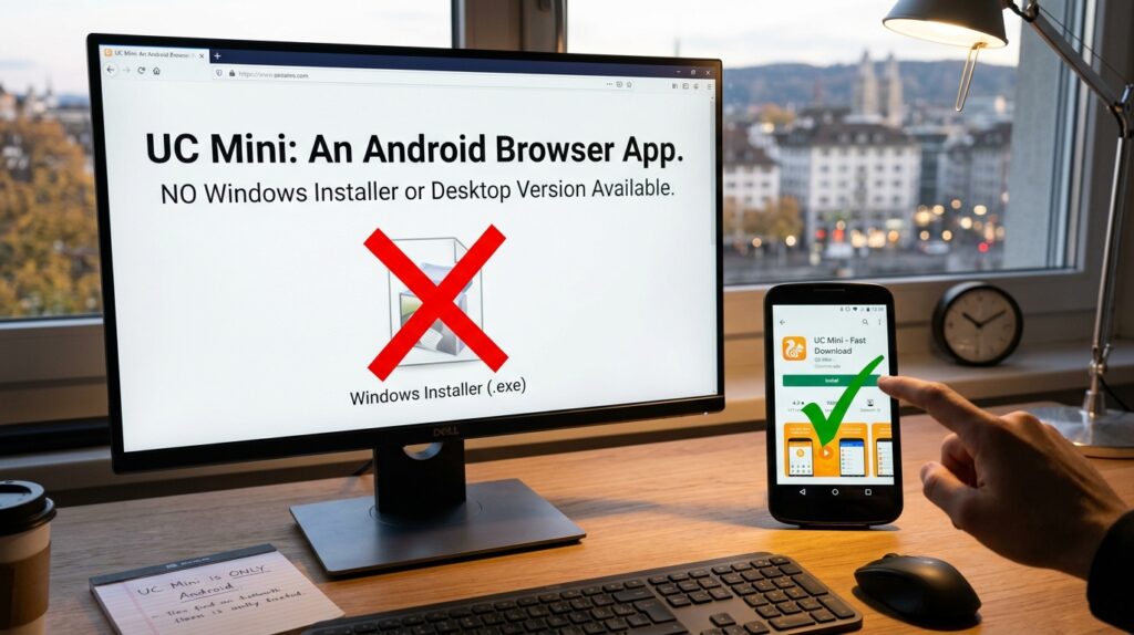 UC Mini is built for Android phones, so a PC needs a workaround.