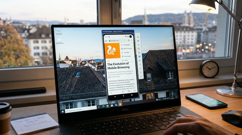 An emulator shows the Android app in a window on your desktop.