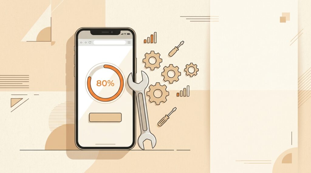 Wrench next to a smartphone with a progress ring representing browser troubleshooting Most problems come down to the wrong build, low storage or a blocked permission.